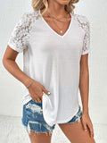 Lace Detail V-Neck Short Sleeve T-Shirt - Trendsi - Flyclothing LLC