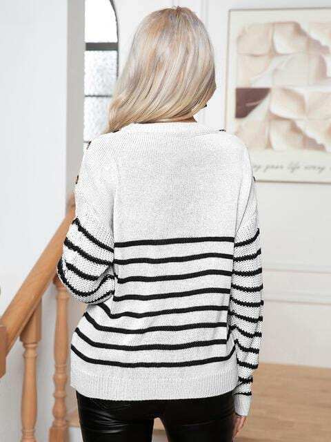 Striped Round Neck Cable-Knit Sweater - Trendsi - Flyclothing LLC