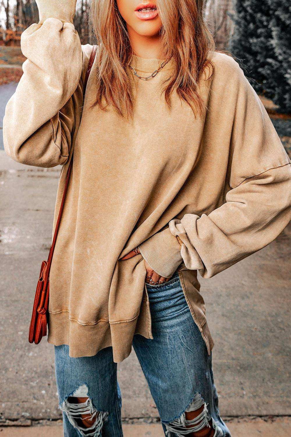 Dropped Shoulder Round Neck Long Sleeve Blouse - Trendsi - Flyclothing LLC