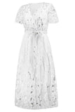 Sequin Leaf Embroidery Tie Front Short Sleeve Dress - Trendsi - Flyclothing LLC
