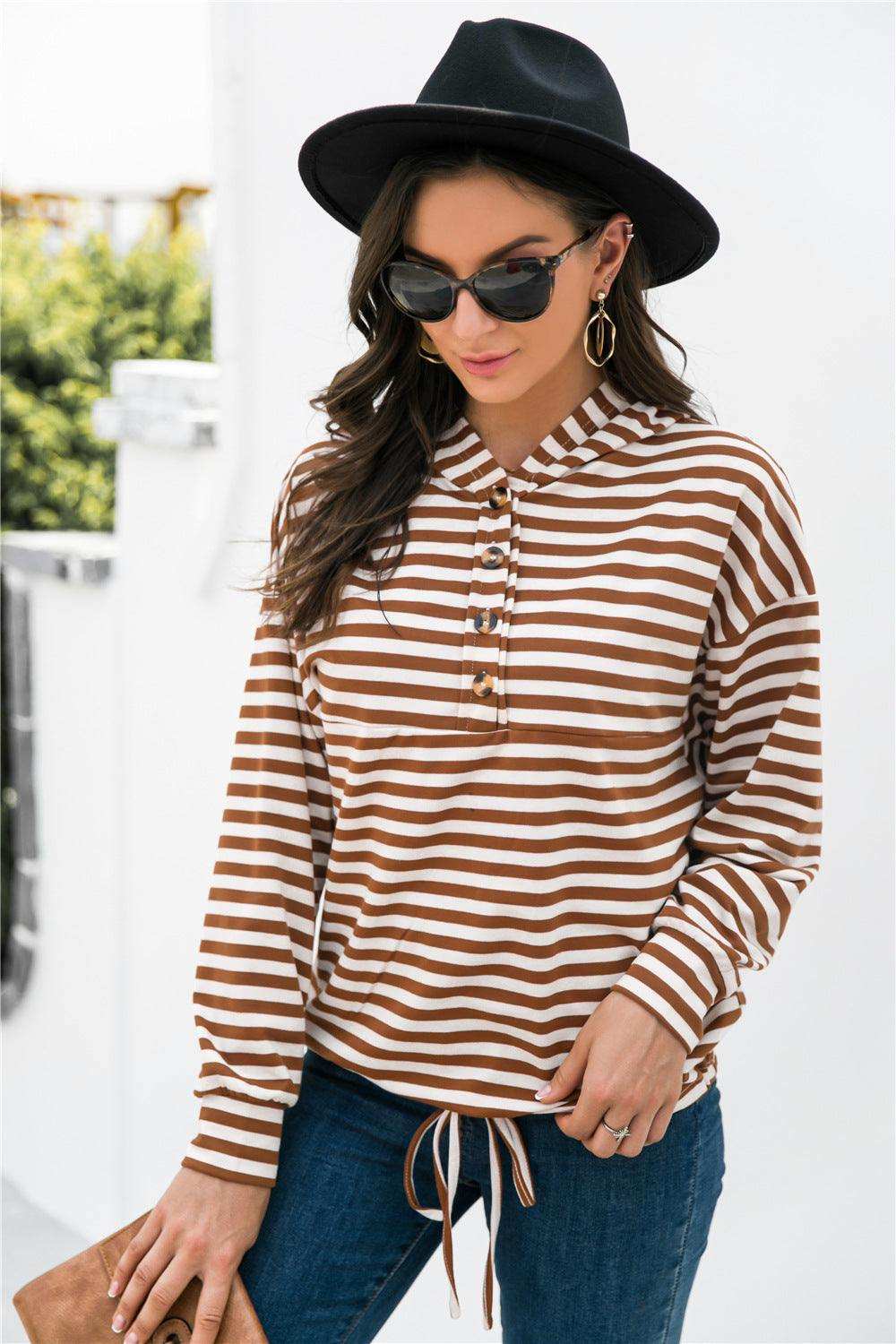 Striped Half-Button Dropped Shoulder Hoodie - Trendsi - Flyclothing LLC