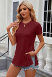 Eyelet Slit Round Neck Short Sleeve T-Shirt - Trendsi - Flyclothing LLC