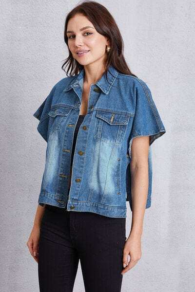 Pocketed Button Up Short Sleeve Denim Top - Trendsi - Flyclothing LLC
