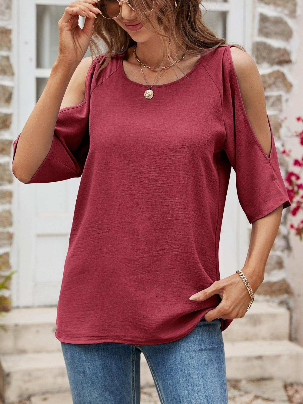 Textured Round Neck Split Sleeve Top - Trendsi - Flyclothing LLC
