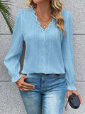 V-Neck Lace Detail Flounce Sleeve Blouse - Trendsi - Flyclothing LLC
