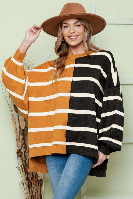 Striped Dropped Shoulder Round Neck Blouse - Trendsi - Flyclothing LLC