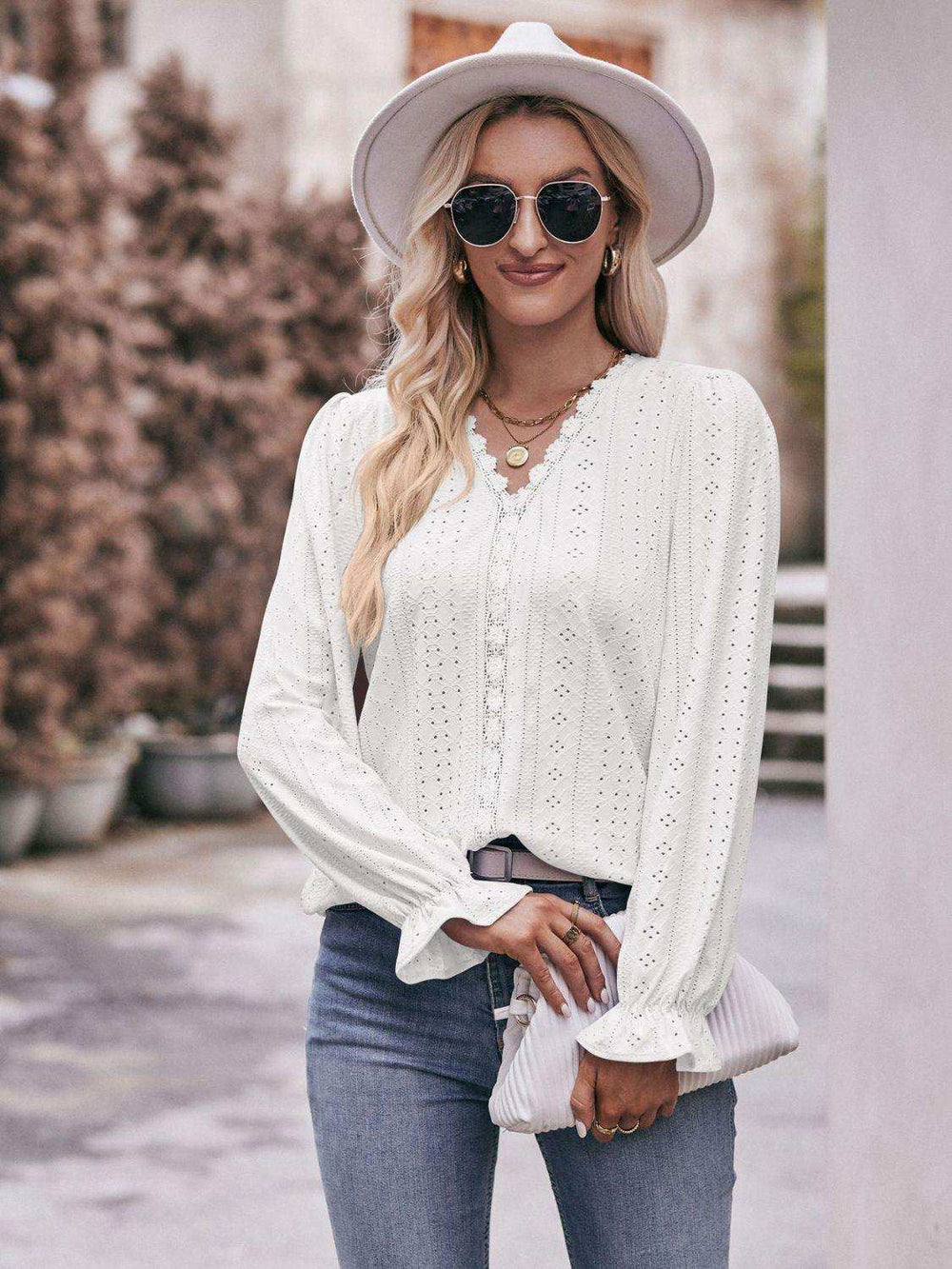 Eyelet V-Neck Flounce Sleeve Blouse - Trendsi - Flyclothing LLC
