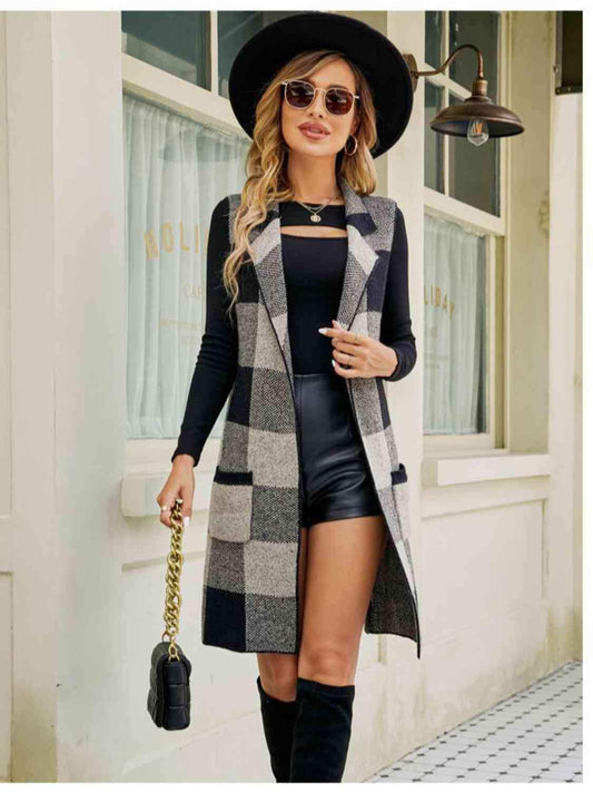 Plaid Lapel Collar Sleeveless Cardigan - Trendsi - Flyclothing LLC