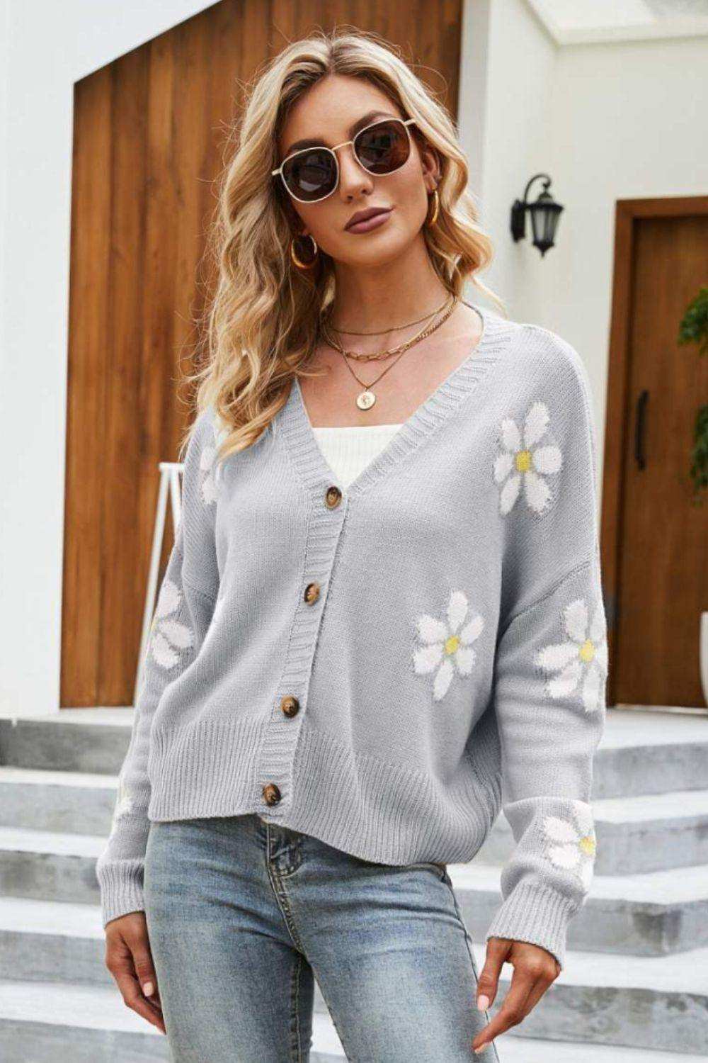 Floral Ribbed Trim Drop Shoulder Cardigan - Trendsi - Flyclothing LLC