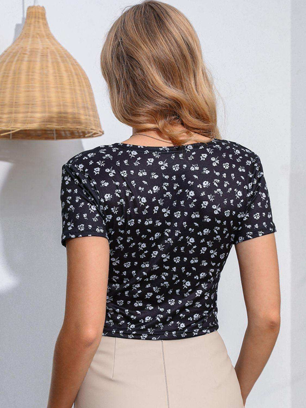 Floral Surplice Neck Short Sleeve Top - Trendsi - Flyclothing LLC