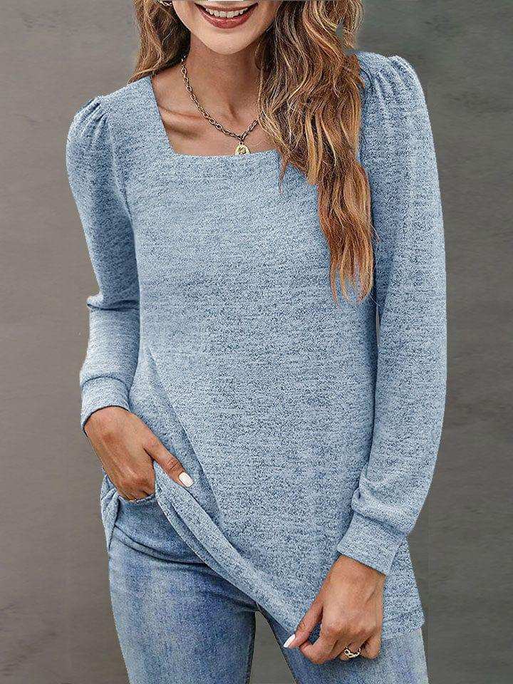Heathered Square Neck Long Sleeve T-Shirt - Trendsi - Flyclothing LLC