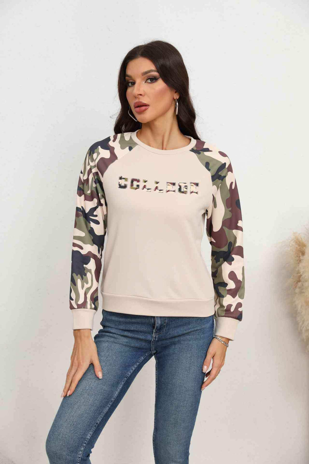 Camouflage Raglan Sleeve Sweatshirt - Trendsi - Flyclothing LLC