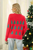 Christmas Tree Round Neck Ribbed Trim Sweater - Trendsi - Flyclothing LLC