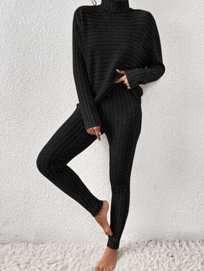Ribbed Turtleneck Top and Pants Set - Trendsi - Flyclothing LLC