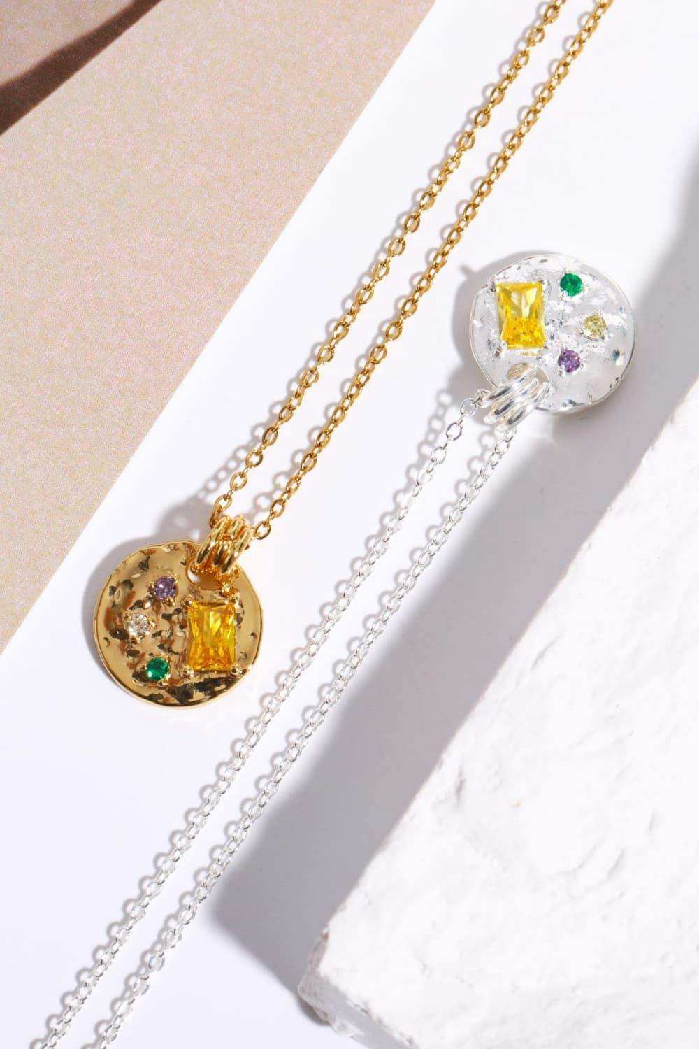 Inlaid Multicolored Zircon Round Pendant Copper Necklace - Trendsi - Flyclothing LLC