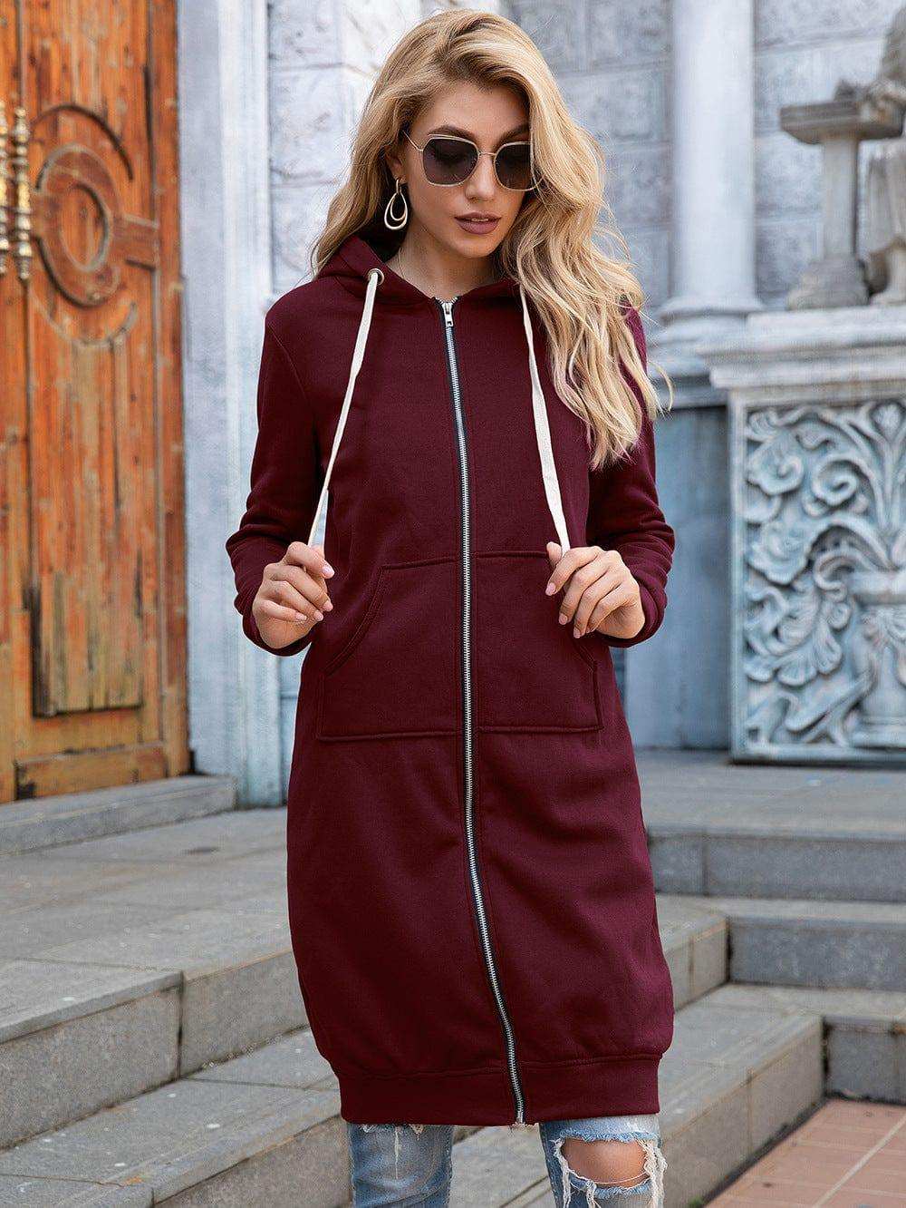 Full Size Zip-Up Longline Hoodie with Pockets - Trendsi - Flyclothing LLC