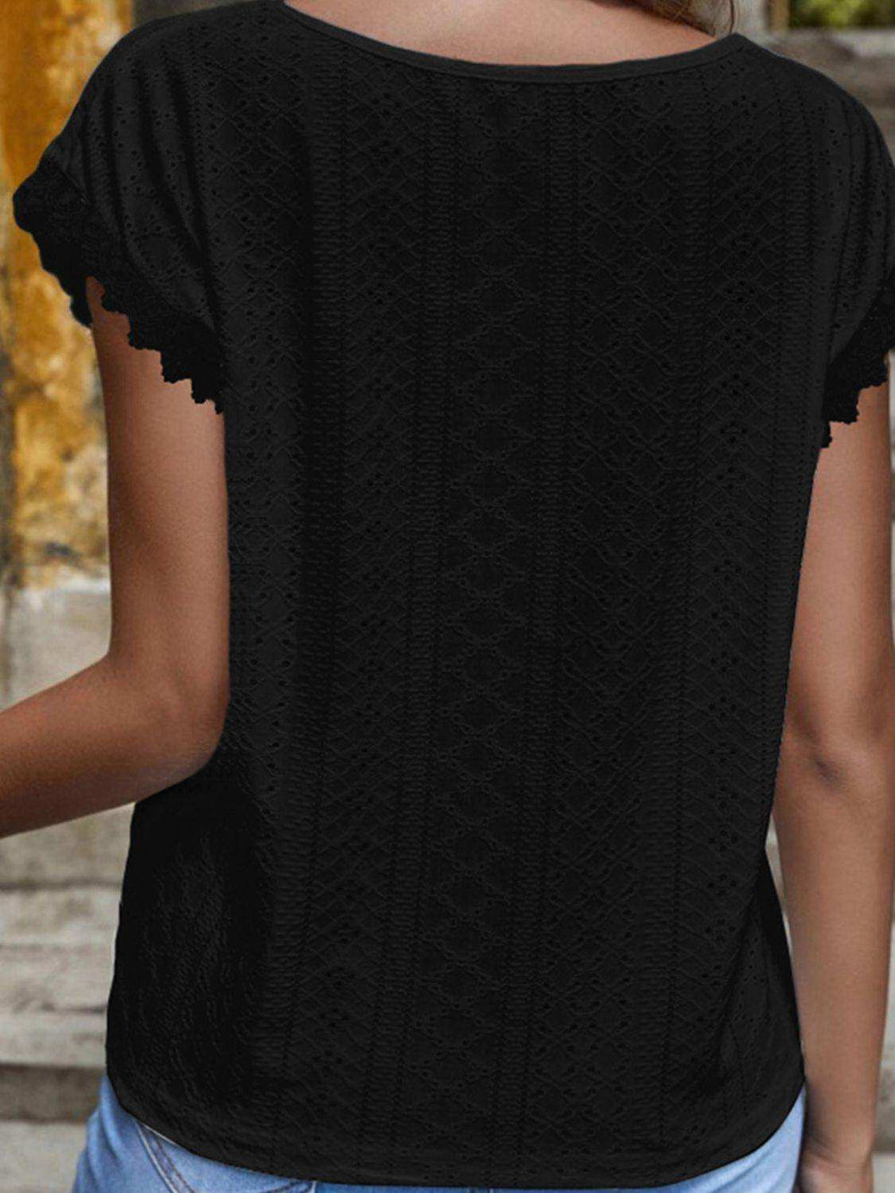 V-Neck Eyelet Short Sleeve Top - Trendsi - Flyclothing LLC