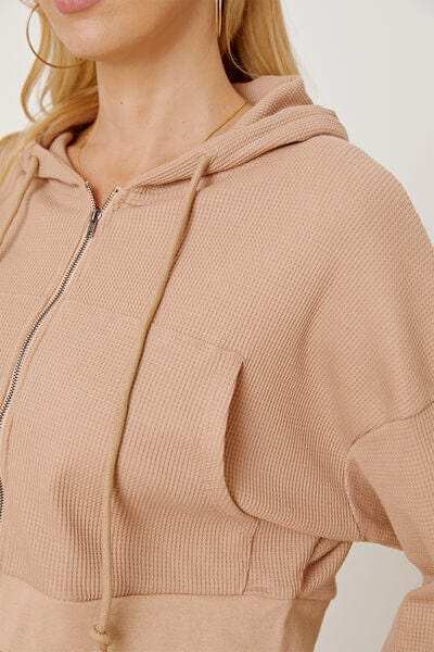 Waffle-Knit Drawstring Zip Up Hoodie - Trendsi - Flyclothing LLC