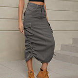 Drawstring Ruched Slit Denim Midi Skirt - Trendsi - Flyclothing LLC