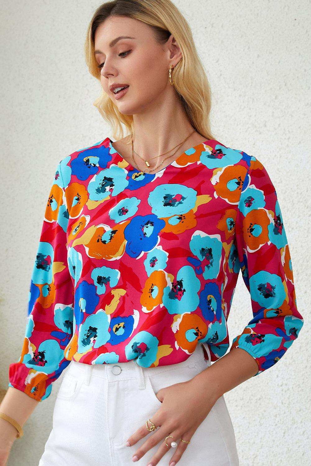 Floral V-Neck Three-Quarter Sleeve Top - Trendsi - Flyclothing LLC