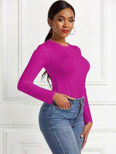 Round Neck Long Sleeve Bodysuit - Trendsi - Flyclothing LLC