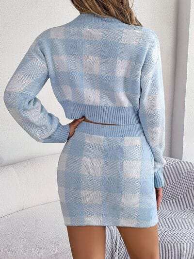 Plaid Round Neck Top and Skirt Sweater Set - Trendsi - Flyclothing LLC