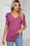 Heathered V-Neck Puff Sleeve T-Shirt - Trendsi - Flyclothing LLC