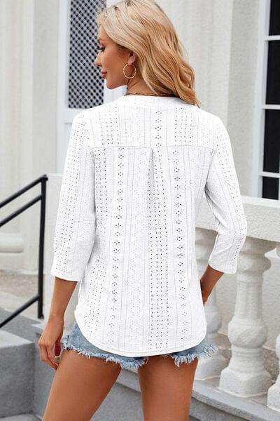 Eyelet Notched Knit Jacquard Top - Trendsi - Flyclothing LLC