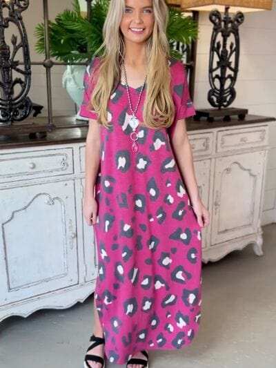 Leopard Slit V-Neck Short Sleeve Maxi Dress - Trendsi - Flyclothing LLC