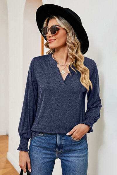 Notched Lantern Sleeve T-Shirt - Trendsi - Flyclothing LLC