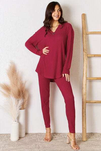 Basic Bae Full Size Notched Long Sleeve Top and Pants Set - Trendsi - Flyclothing LLC