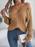 Cable-Knit Cold Shoulder Long Sleeve Sweater - Trendsi - Flyclothing LLC