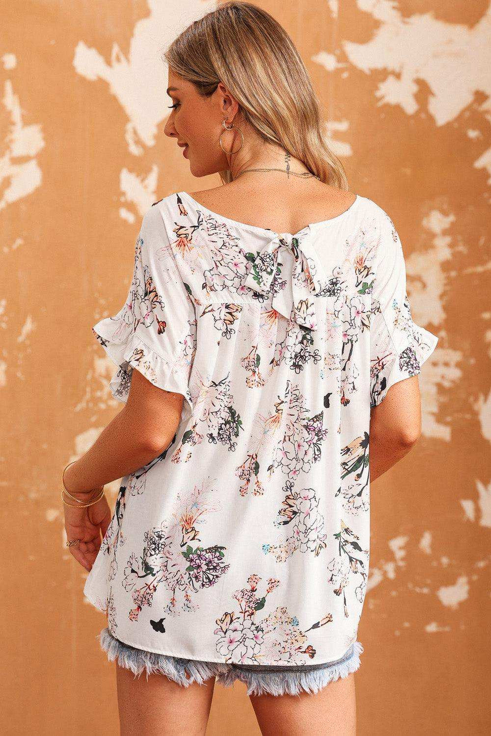 Floral Boat Neck Flounce Sleeve Blouse - Trendsi - Flyclothing LLC