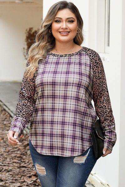 Plus Size Leopard Raglan Sleeve Plaid T-Shirt - Trendsi - Flyclothing LLC