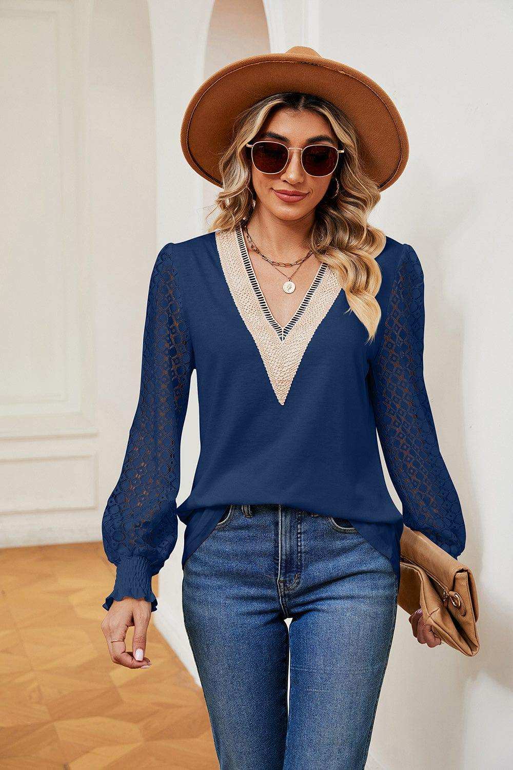 Contrast V-Neck Long Sleeve Blouse - Trendsi - Flyclothing LLC