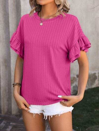 Ruffled Round Neck Short Sleeve Blouse - Trendsi - Flyclothing LLC