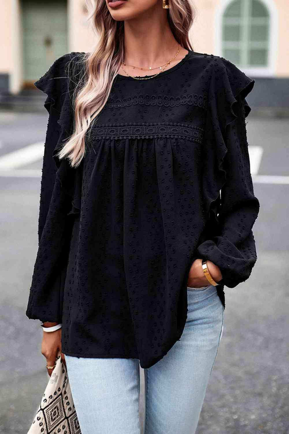 Round Neck Ruffled Blouse - Trendsi - Flyclothing LLC