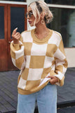 Checkered Exposed Seam Drooped Shoulder Sweater - Trendsi - Flyclothing LLC