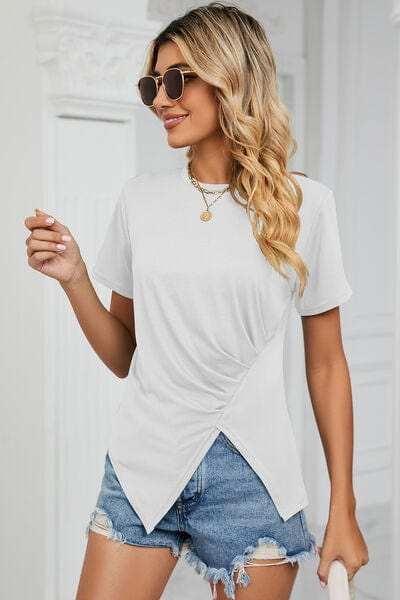 Ruched Round Neck Short Sleeve T-Shirt - Trendsi - Flyclothing LLC