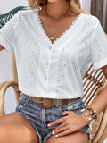Eyelet Short Sleeve Double-Sided Shirt - Trendsi - Flyclothing LLC