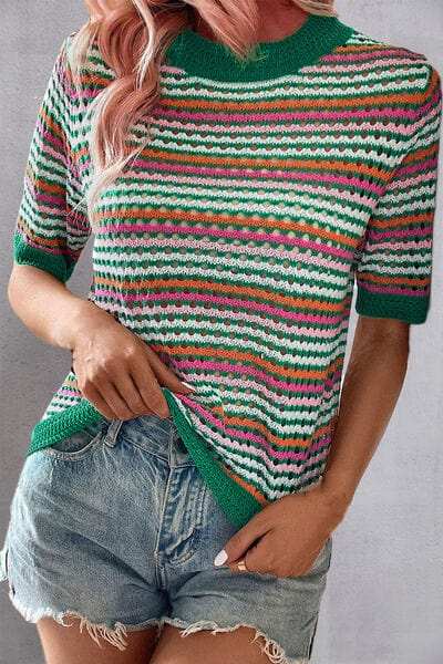 Openwork Striped Short Sleeve Knit Top - Trendsi - Flyclothing LLC