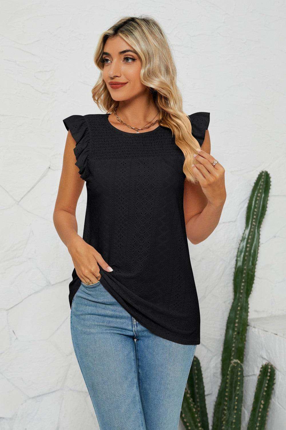 Smocked Round Neck Eyelet Top - Trendsi - Flyclothing LLC