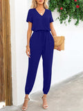 Short Sleeve V-Neck Jumpsuit with Pockets - Trendsi - Flyclothing LLC
