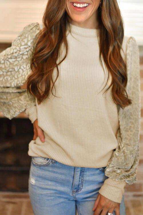Leopard Print Long Sleeve Ribbed Knit Blouse - Trendsi - Flyclothing LLC