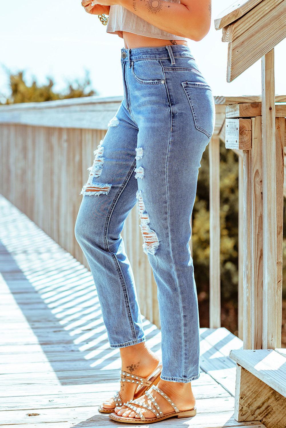 Distressed Ankle-Length Straight Leg Jeans - Flyclothing LLC