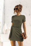 Round Neck Cuffed Sleeve Side Tie Dress - Trendsi - Flyclothing LLC