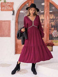 V-Neck Lantern Sleeve Ruffle Hem Dress - Trendsi - Flyclothing LLC
