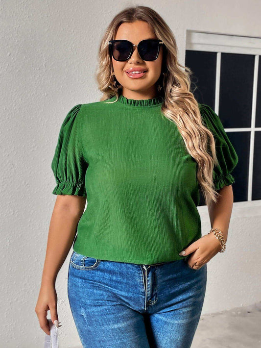 Plus Size Round Neck Flounce Sleeve Blouse - Trendsi - Flyclothing LLC