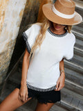 Contrast Round Neck Short Sleeve Knit Top - Trendsi - Flyclothing LLC