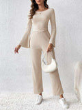 Ribbed Flare Sleeve Top and Pants Set - Trendsi - Flyclothing LLC